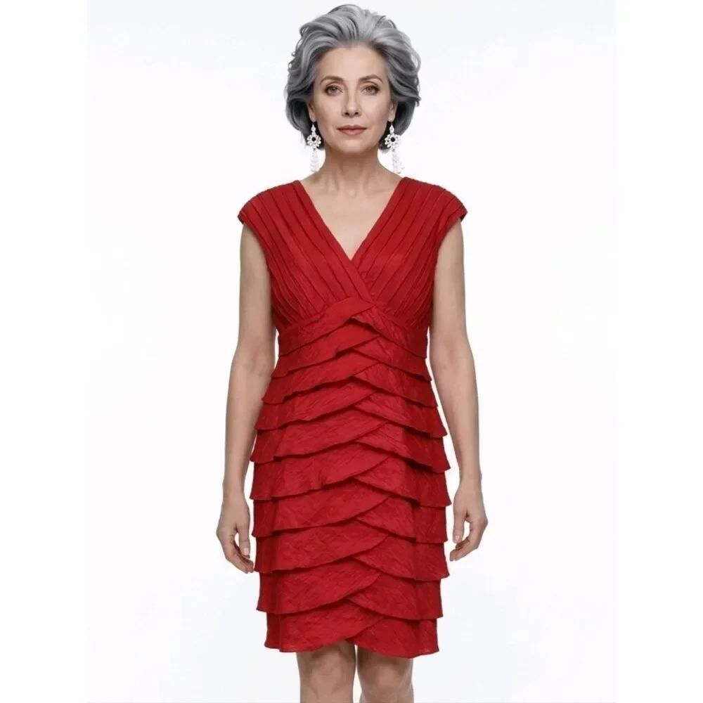 Adrianna Papell Red V-neck Shutter Pleat Slim Fit Special Occasion Dress Size 14